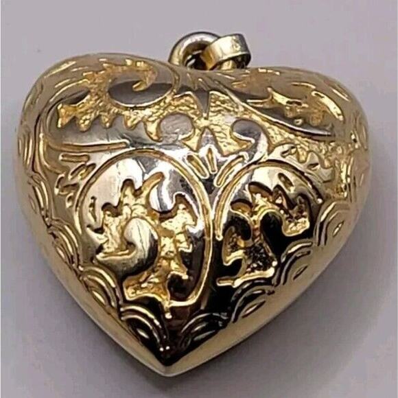 Gold Tone Puffy Heart Pendant With Filagree Scrollwork Valentine's - Picture 1 of 5